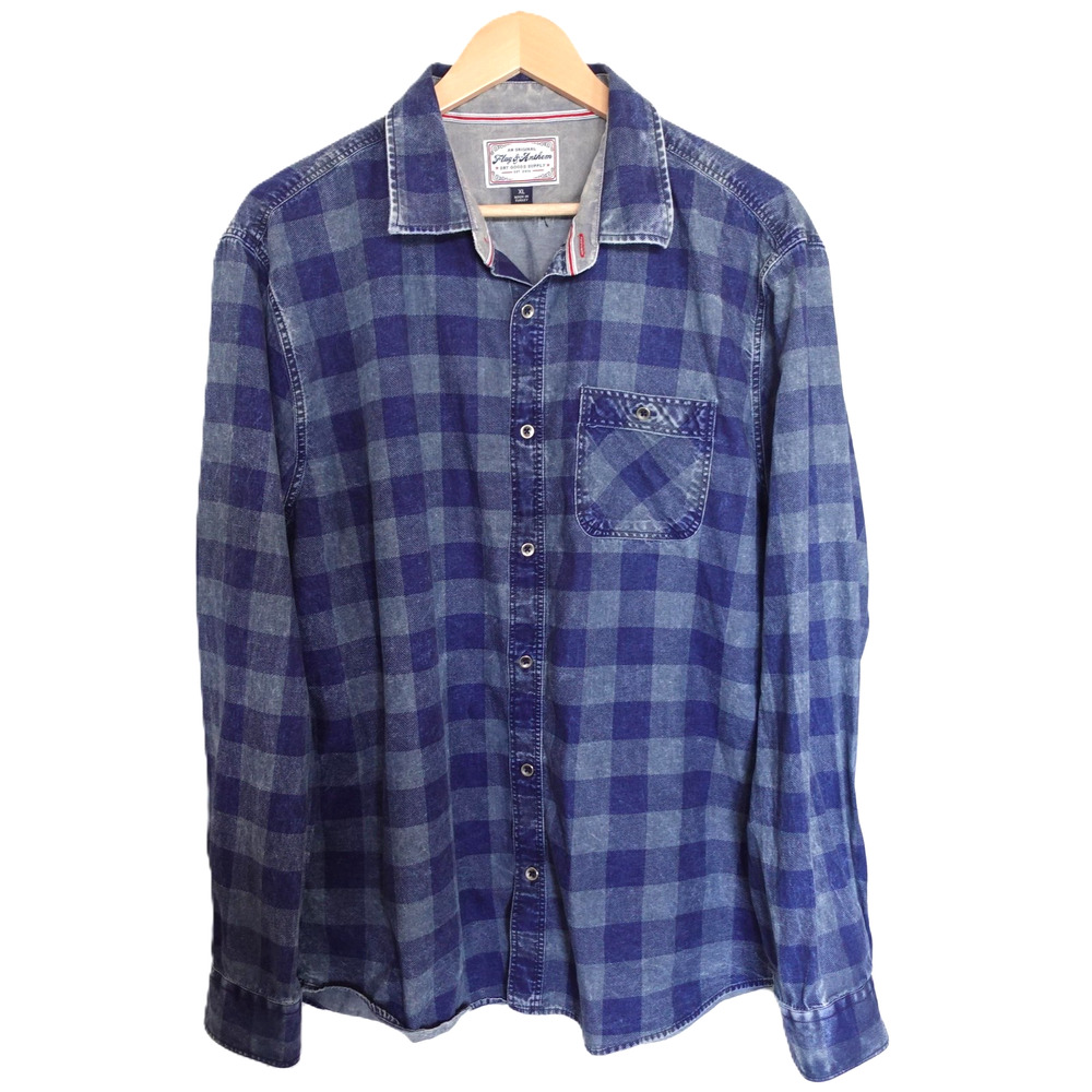 Flag & Anthem Shirt Mens Extra Large Blue Plaid Buffalo‎ Check Button Front